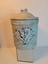 Rustic Painted Crock With Lid  Blue  Color Rooster Label Upcycle 