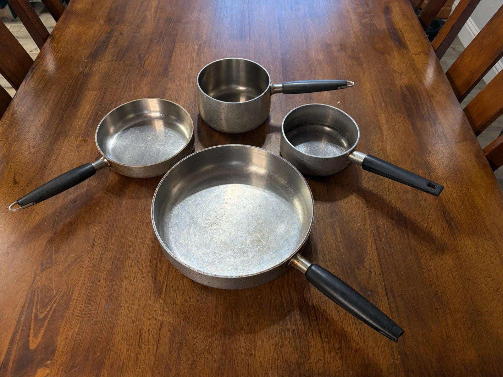 Set of Four (4) Vintage Wear-Ever Thick Stainless Frying Saucepans and Pots Set