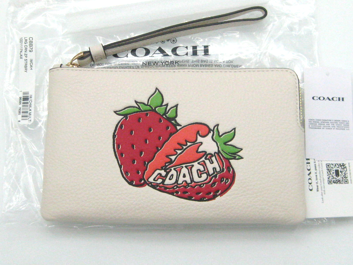 Coach Large Corner Zip Leather Wristlet with Strawberry Graphic