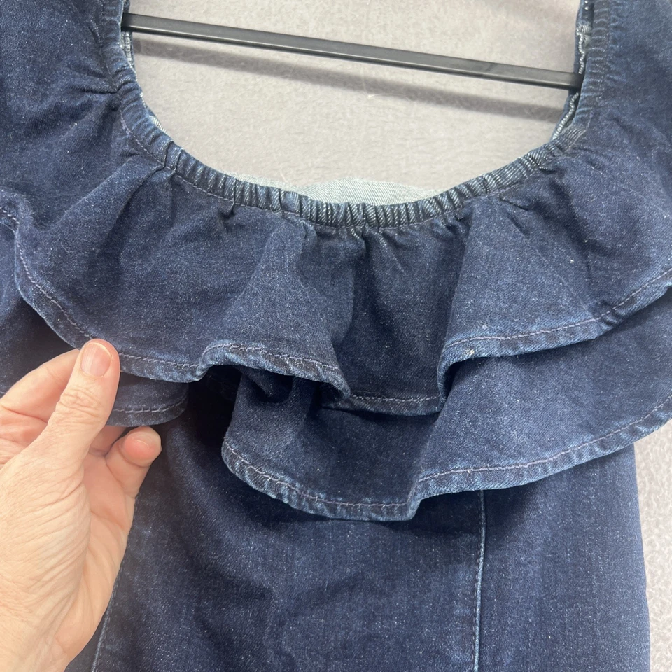 Винтажный GUESS Детский комбинезон средний джинсовой ткани Jean темно стирка оборки с плеча - Изображение 2 из 4