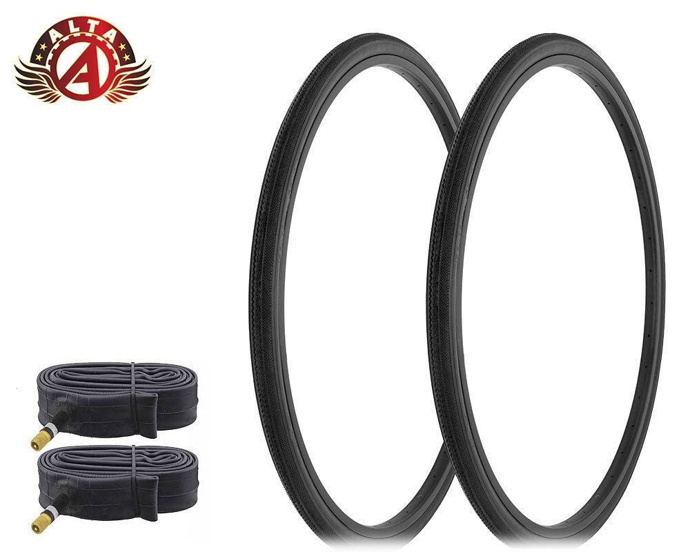 2 ALTA BICYCLE WIRE BEAD 27 x 1-1/4 BLACK SAW-LINER TIREs w/33mm SCHRADER Tubes.