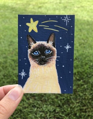 ACEO Original Art Card Siamese Cat Shooting Star Celestial Sky By Emily Alaine