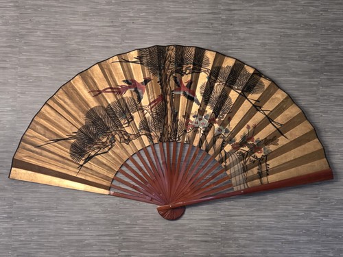 Vtg Chinese Wall Fan Art Handpainted 63x35" Birds Tree Flowers Waterfall Large