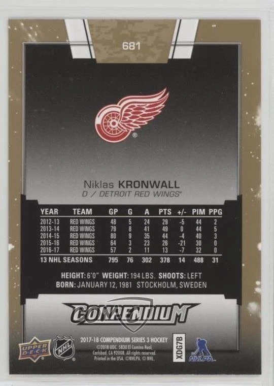 2017-18 Upper Deck Compendium Gold Niklas Kronwall #681 - Image 2 of 2
