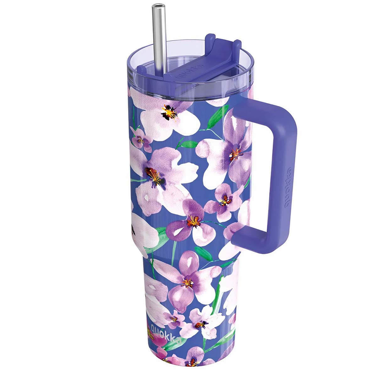 Gobelet isolant 1200ml Quokka violet à motif floral avec paille intégrée