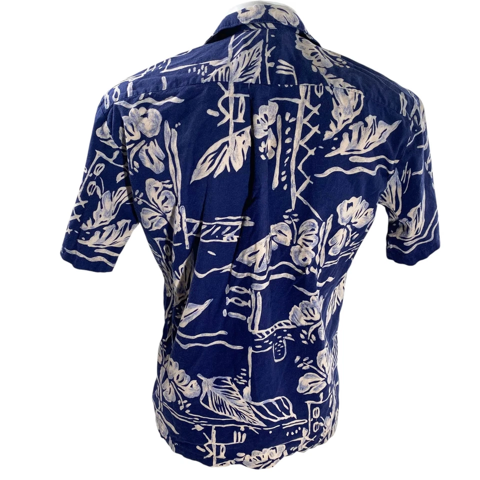 Camisa Hawaiana Hilo Hattie Mediana Floral Abstracta Flores Hojas Azul Tostado Foto 3 de 4