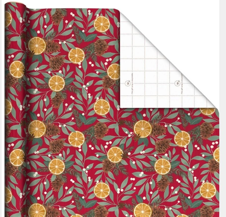 Hallmark Wrapping Paper Christmas Pinecones & Mistletoe Red 22.5 sq ft Roll Gift - Image 2 of 4