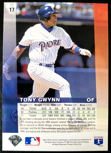 Tony GWYNN 1993 Hologram Upper Deck #17 San Diego Padres - Picture 2 of 2