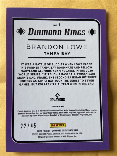 2021 Optic Diamond Kings Brandon Lowe Red White Stripe /45! - Imagen 3 de 3