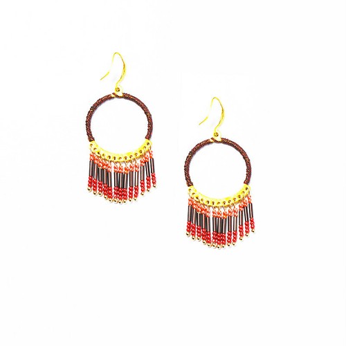 Boucles D'oreilles Créoles IKITA, Pampilles Noires Et Rouges, Acier Inoxydable - NEUF AVEC ÉTIQUETTES