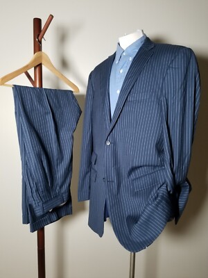 Paul Fredrick 44XL Navy Blue White Pinstripe 2 Pc Suit Jacket 38 x 34 Pants