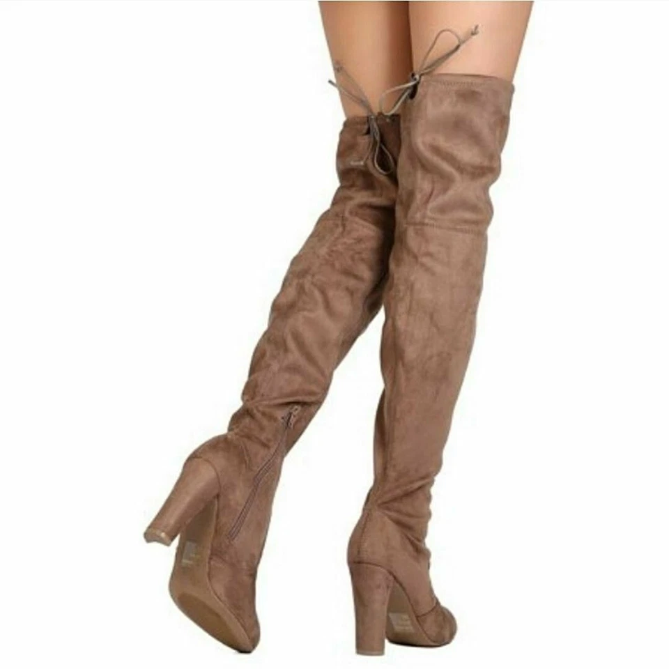 Faux Suede Thigh High Drawstring Chunky Heel Boot 6.5 Wild Diva Sexy Night Out - Image 3 of 4