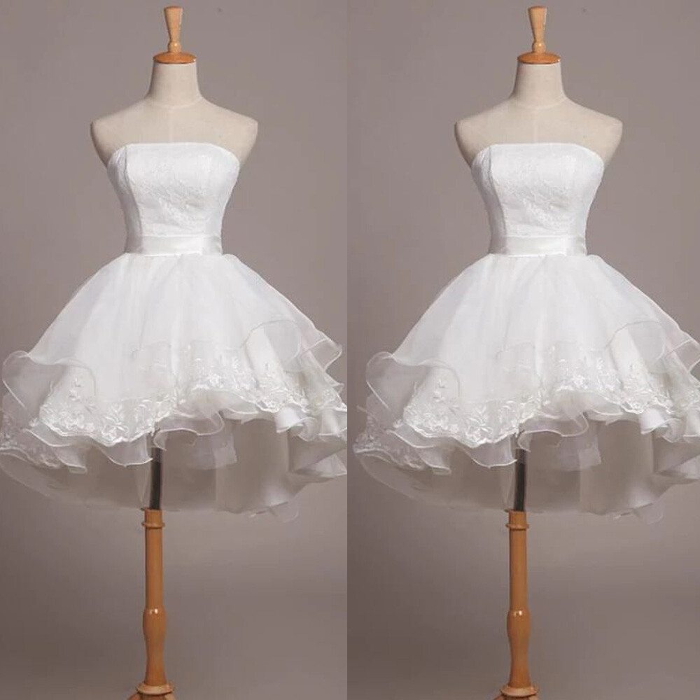 Short Mini Wedding Dresses White Strapless Sleeveless Lace Tulle Bridal Gowns