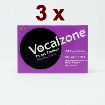 3 x Vocalzone Throat Pastilles 24 - Blackcurrant Sugar Free - for Clear Voice