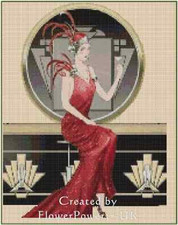 Art Deco Lady in Red Dress and Martini Glass Counted Cross Stitch Chart #1-13