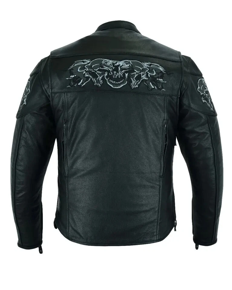 Chaqueta de cuero negra para hombre motociclista reflectante calaveras en la parte posterior y delantera Foto 2 de 4