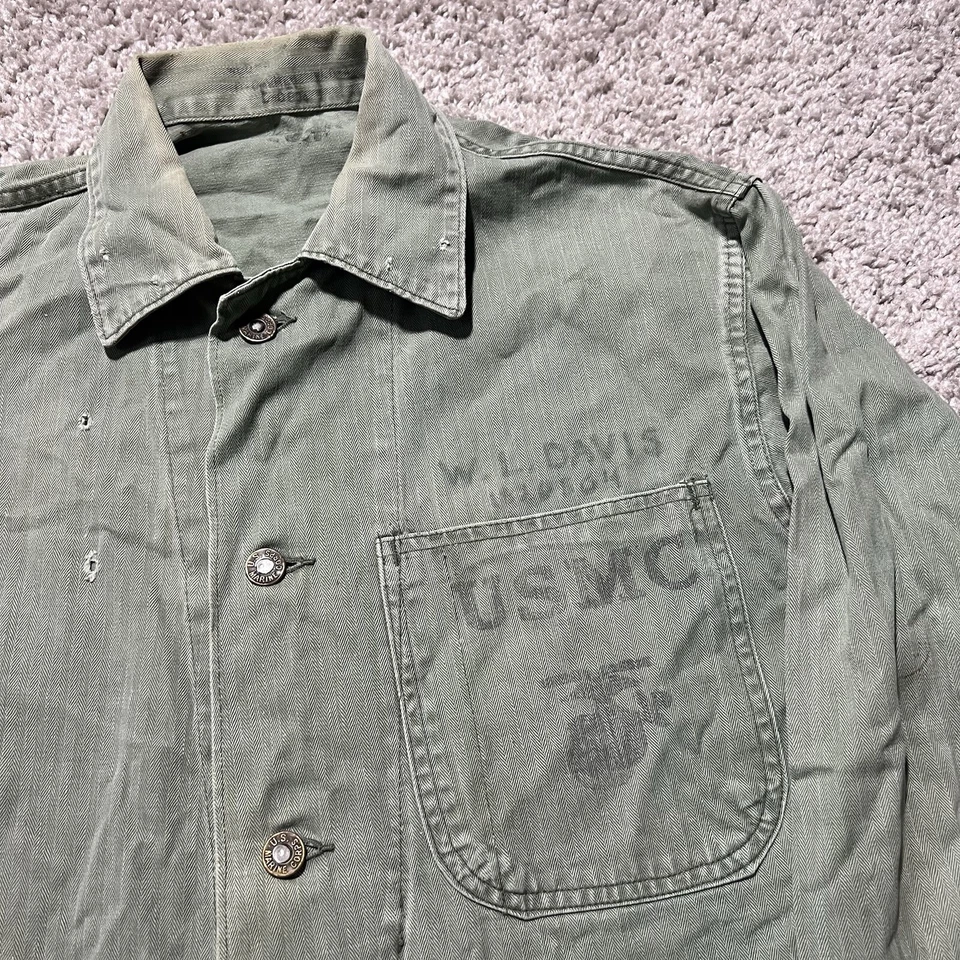 Vintage 40s WWII USMC Marine Corp HBT Chore Green Herringbone Stenciled Jacket - Image 2 of 4