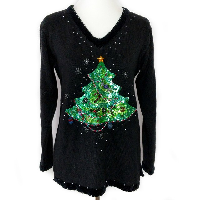 QUACKER FACTORY Christmas XMas Sequined Tree Holiday Sweater Womens