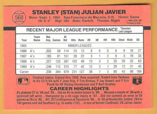 Stan Javier Oakland Athletics #568 - Donruss casi nuevo-como nuevo 1990 - Imagen 2 de 2