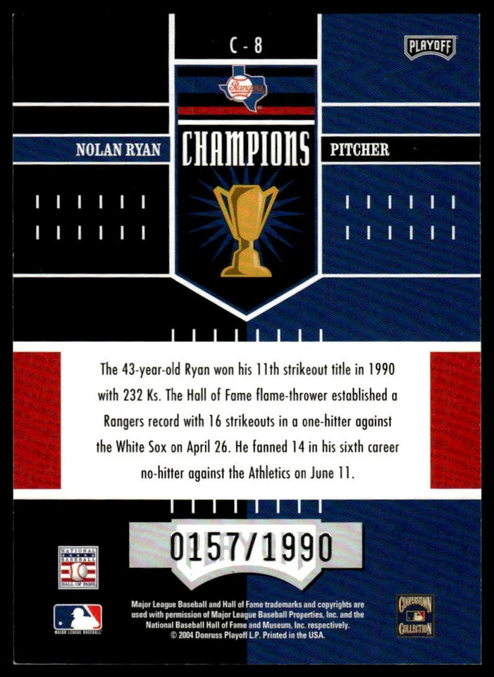 2004 Playoff Honors #C-8 Nolan Ryan Champions #/1990 - Image 2 of 2