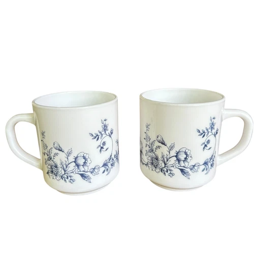 2 Vintage Arcopal France Milk Glass Blue & White Glenwood Floral Coffee Cup Mugs
