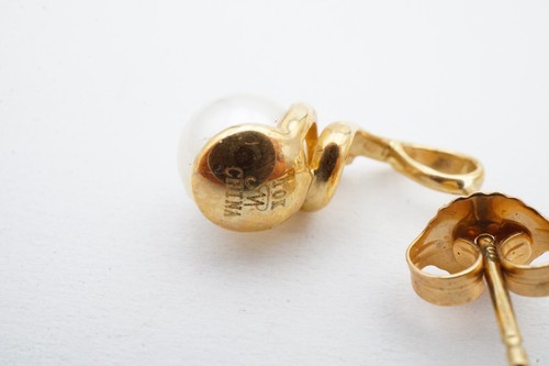 10k Yellow Gold Pearl Diamond Earrings 6.25mm - Picture 9 of 10