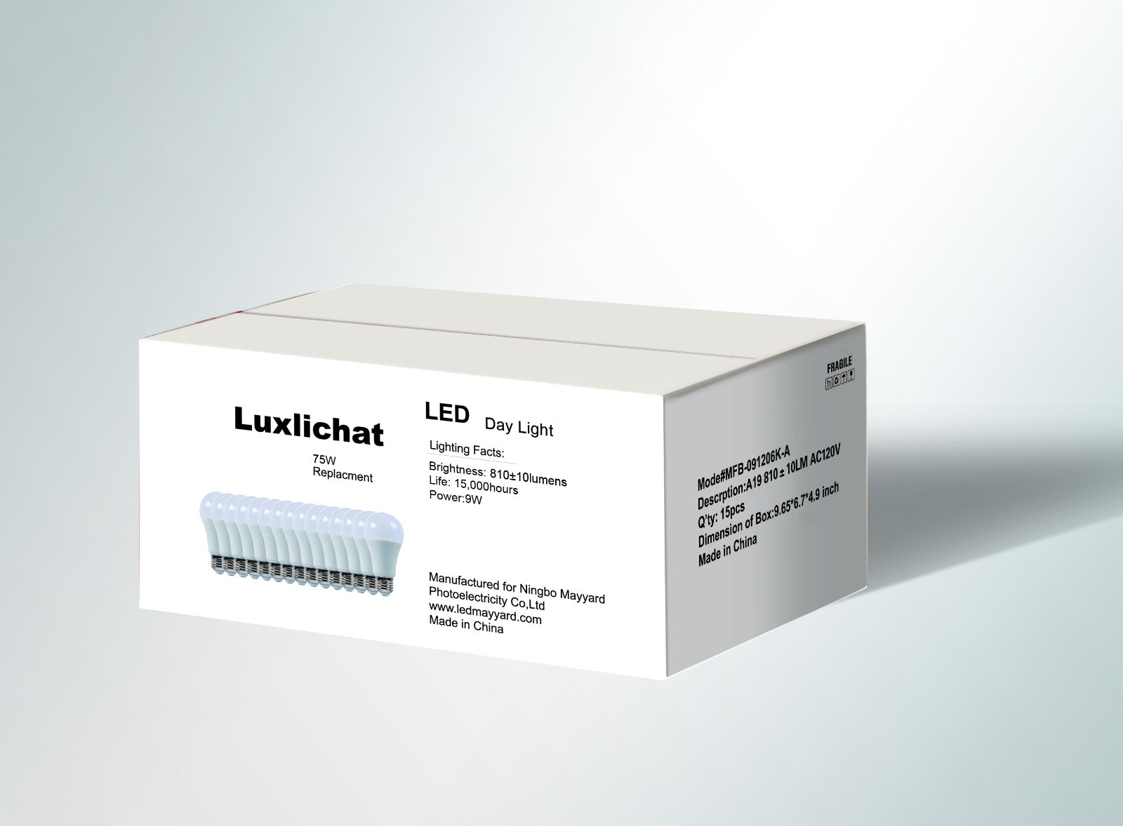 Luxlichat Dimmable 75W Equivalent A19 LED Light Bulb Day Light (5000K) - 15 PACK