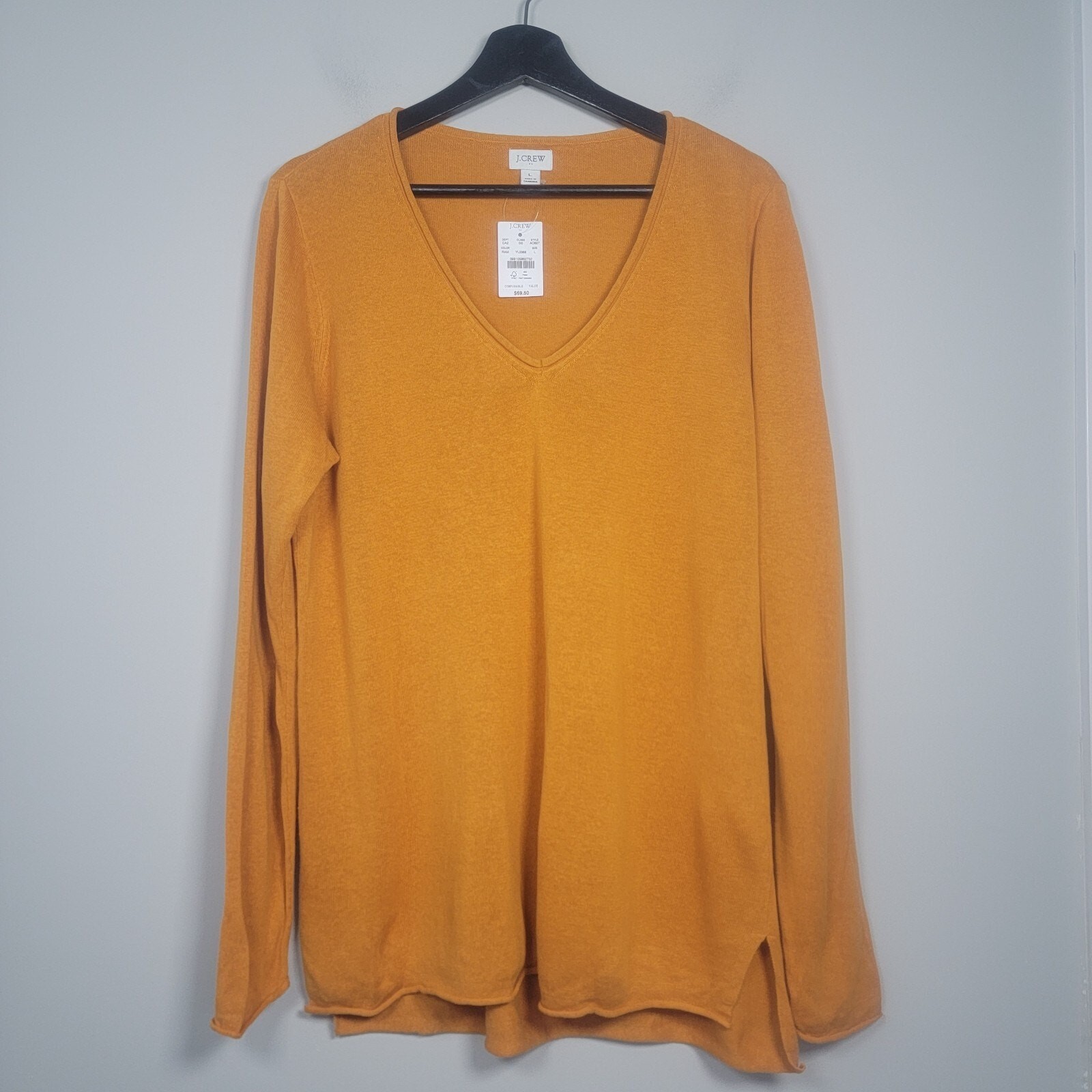 NWT J. Crew Sweater Womens L Linen Blend V-Neck Rolled Hem Mustard