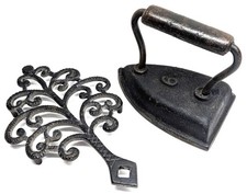 Antique Rustic Style Cast Iron Flat Iron and Trivet Set - 9" x 5"