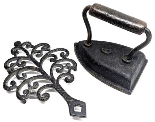 Antique Rustic Style Cast Iron Flat Iron and Trivet Set - 9" x 5"