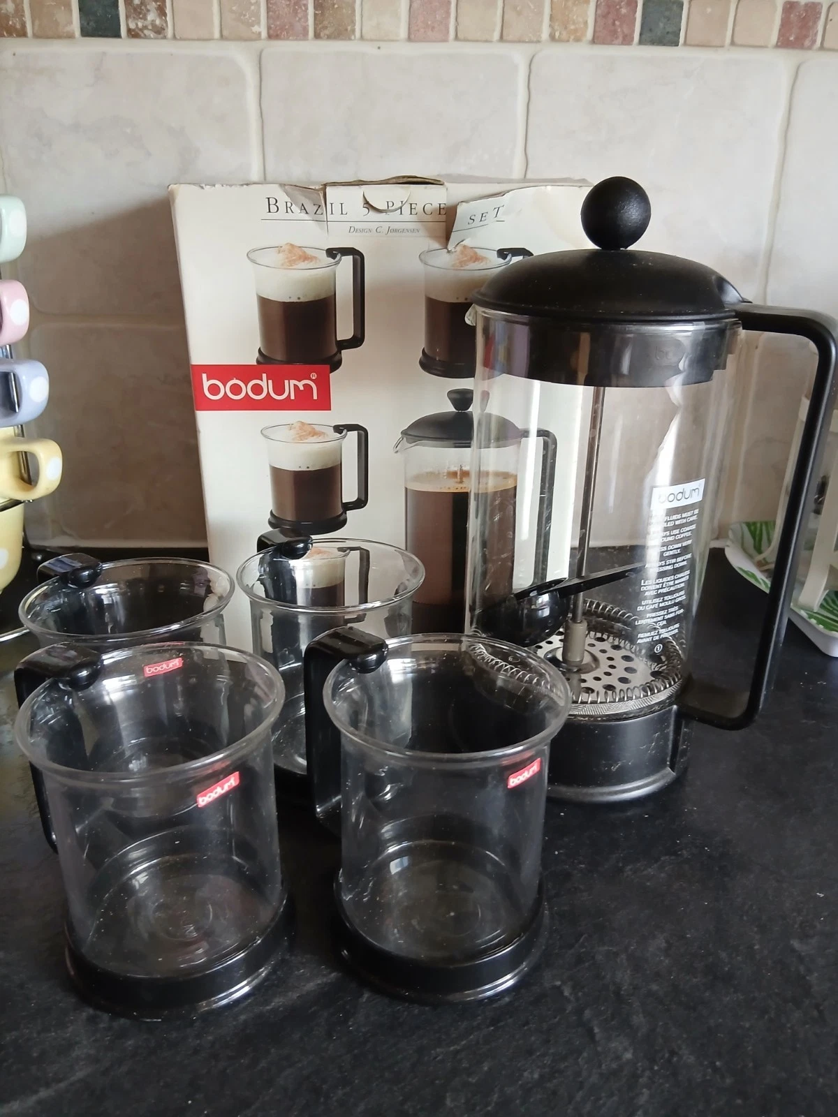 BODUM BRAZIL 5 PIECE SET CAFETIERE + 4 GLASS CUPS UNUSED IN BOX
Opens in a new window or tab