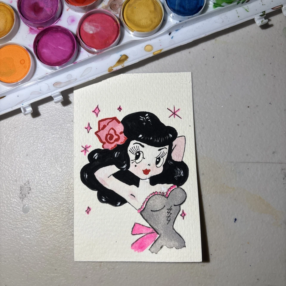 Original ACEO Miniatura Acuarela Acrílico Niña Mujer Pinup Burlesque Foto 3 de 4