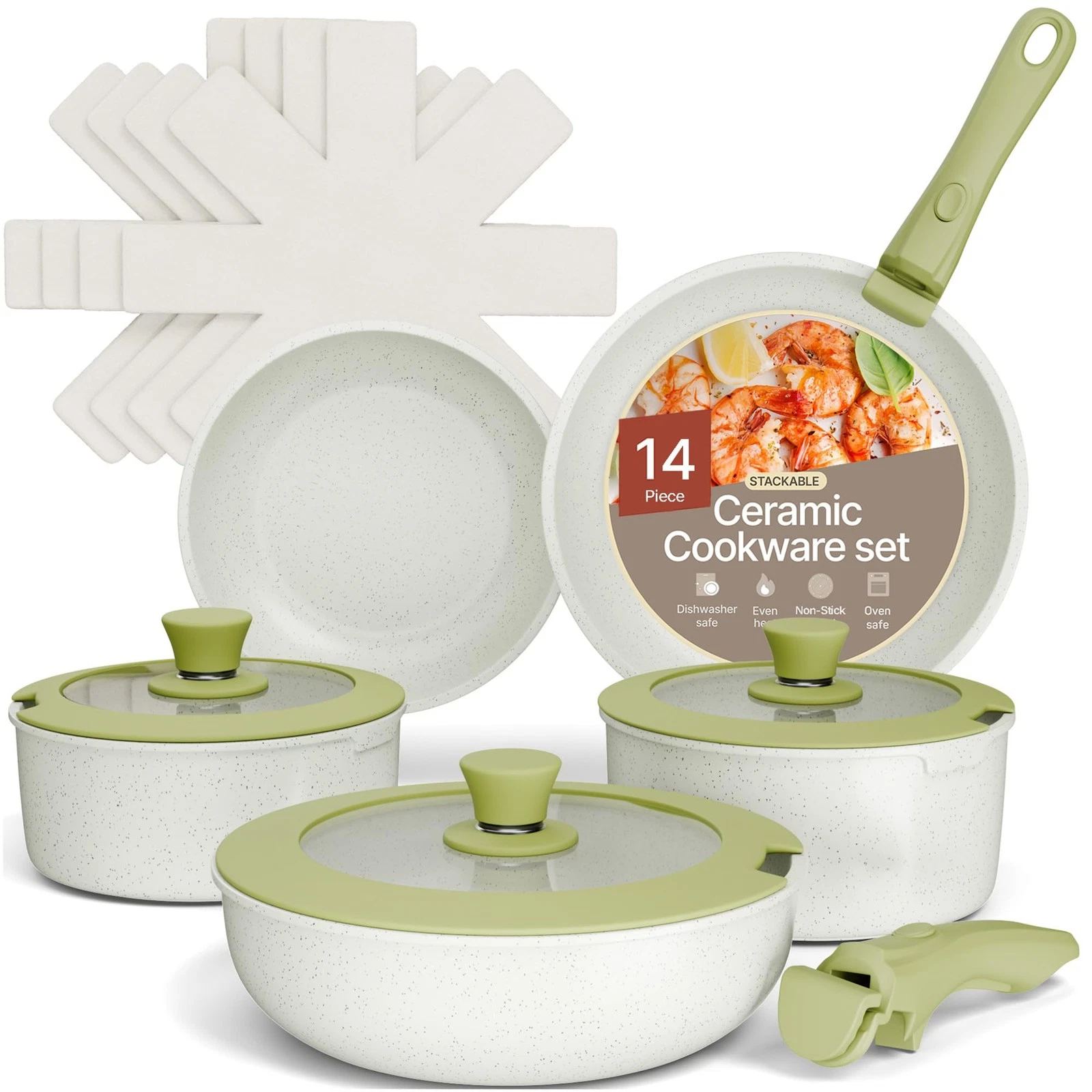 Pots and Pans Set Non Stick Ceramic-Granite – 14-Piece Cookware with Detachab...