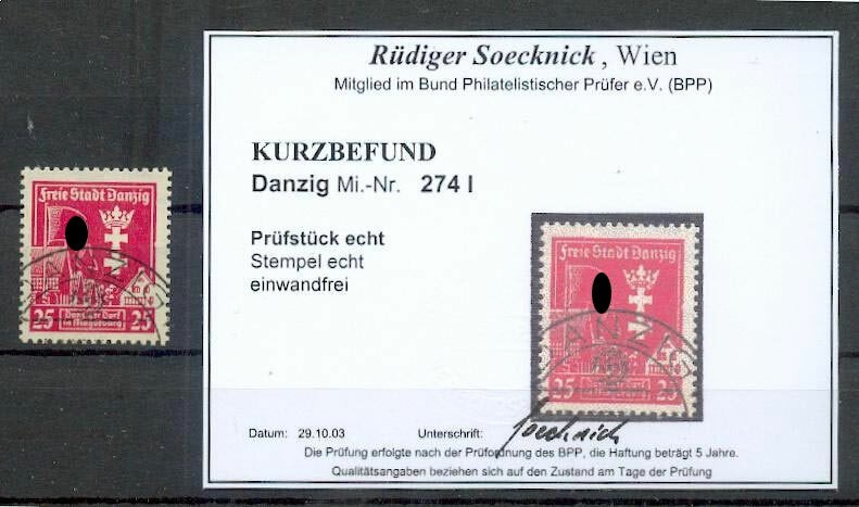 Danzig 274I ABART stamped BPP certificate 220EUR (36675)