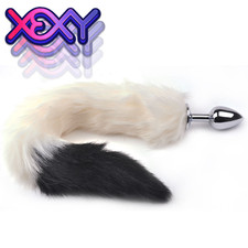 Furry Black White Tail Anal Butt Plug Fox Cat Tail Adult Sex Toy