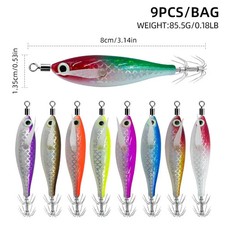 9pcs Glow Squid Jig Hook Saltwater Fishing Bait Artificial Egg Wood Shrimp Lures