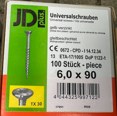 Dresselhaus Universalschrauben 6x90mm 100Stück JD plus Holzschrauben -Cont2Pal4