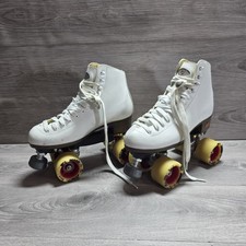 VTG WOMANS WHITE RIEDELL OUTDOOR ROLLER SKATES SIZE 7 WITH BACKSPIN REMIX WHEELS