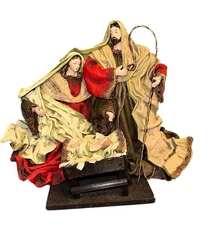 Vintage Holy Family Fabric Mache Nativity Scene Sculpture Wood Base Manger Scene