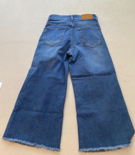 Elv Jeans Girls Size 12 Blue Denim Regular Wide Leg Frayed Button Zip Pocket - Picture 2 of 10