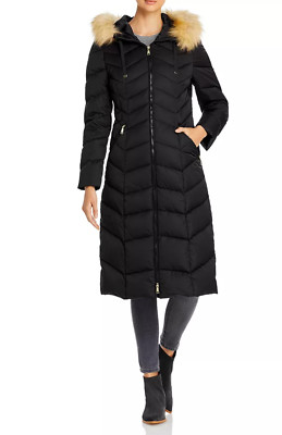 Tahari X5210 Womens Black Jacqueline Hooded Faux Fur Trim Puffer Coat Size Large