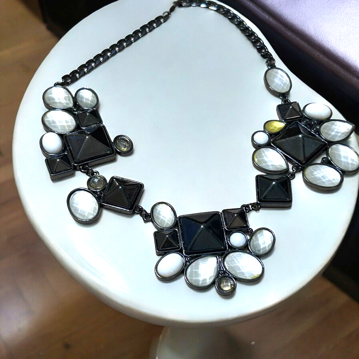 Statement Necklace Gun Metal Black White Faceted Choker Modern