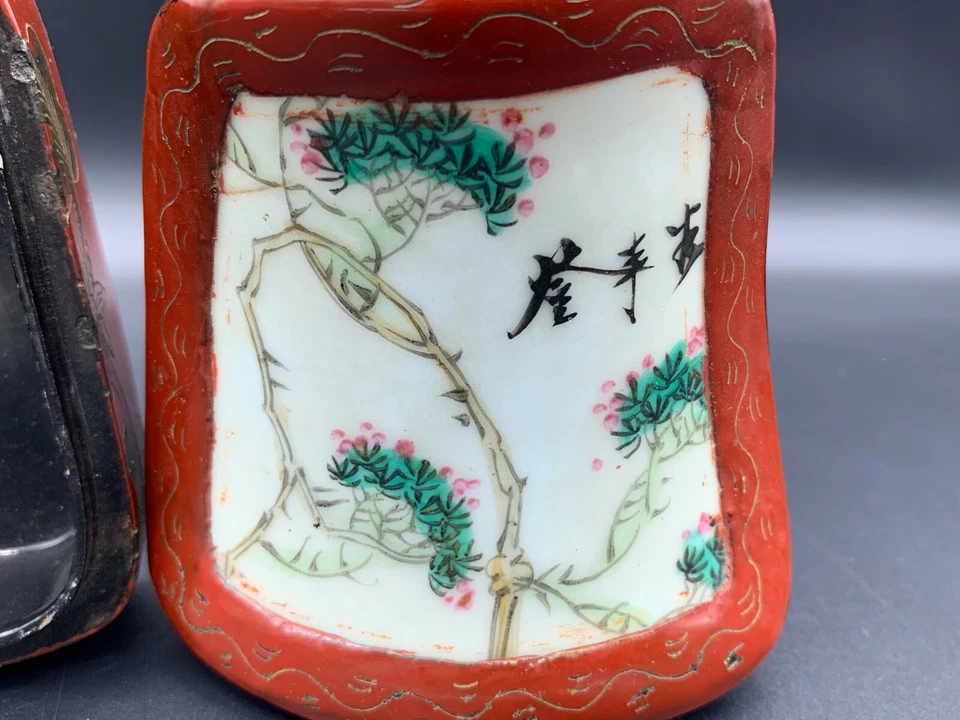 Antigua caja de baratijas de porcelana con incrustaciones de papel maché de laca china japonesa Foto 4 de 4