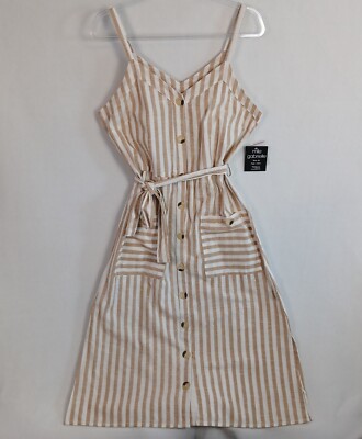 Mlle Gabrielle Women's Button Up Belted Cami Midi Dress Size M Striped NWT