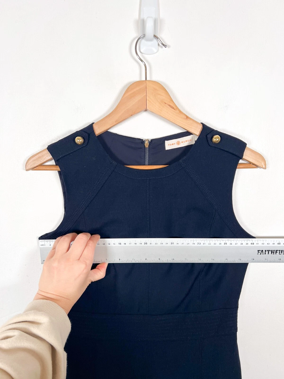 Abito Tory Burch taglia US 0 UK 4 blu navy misto lana foderato in tweed elegante a matita