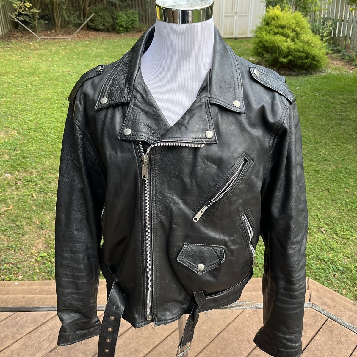 Genuine Leather Biker Jacket Sz 44-L Black DISTRESSED Asymmetrical Zip Belted Genuine Leather Biker Jacket Sz 44-L Black DISTRESSED Asymmetrical Zip Belted
