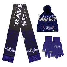 FOCO X Zubaz NFL 3 Pack Glove Scarf & Hat Outdoor Winter Set, Baltimore Ravens