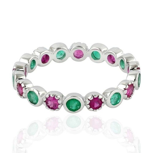 Lab Created Emerald Ruby Eternity Dainty Ring Stacking Ring For Wedding Wear - Picture 5 of 6