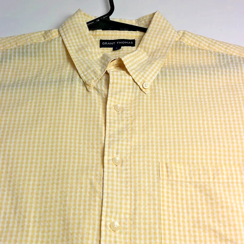 Grant Thomas 纽扣衬衫男式 L 码黄色白色格子泡泡纱夏季 — 第 2/4 张图片