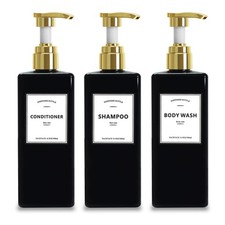 Black Shampoo Bottles with Gold Pump 16.9oz Set of 3 and Conditioner Dispenser